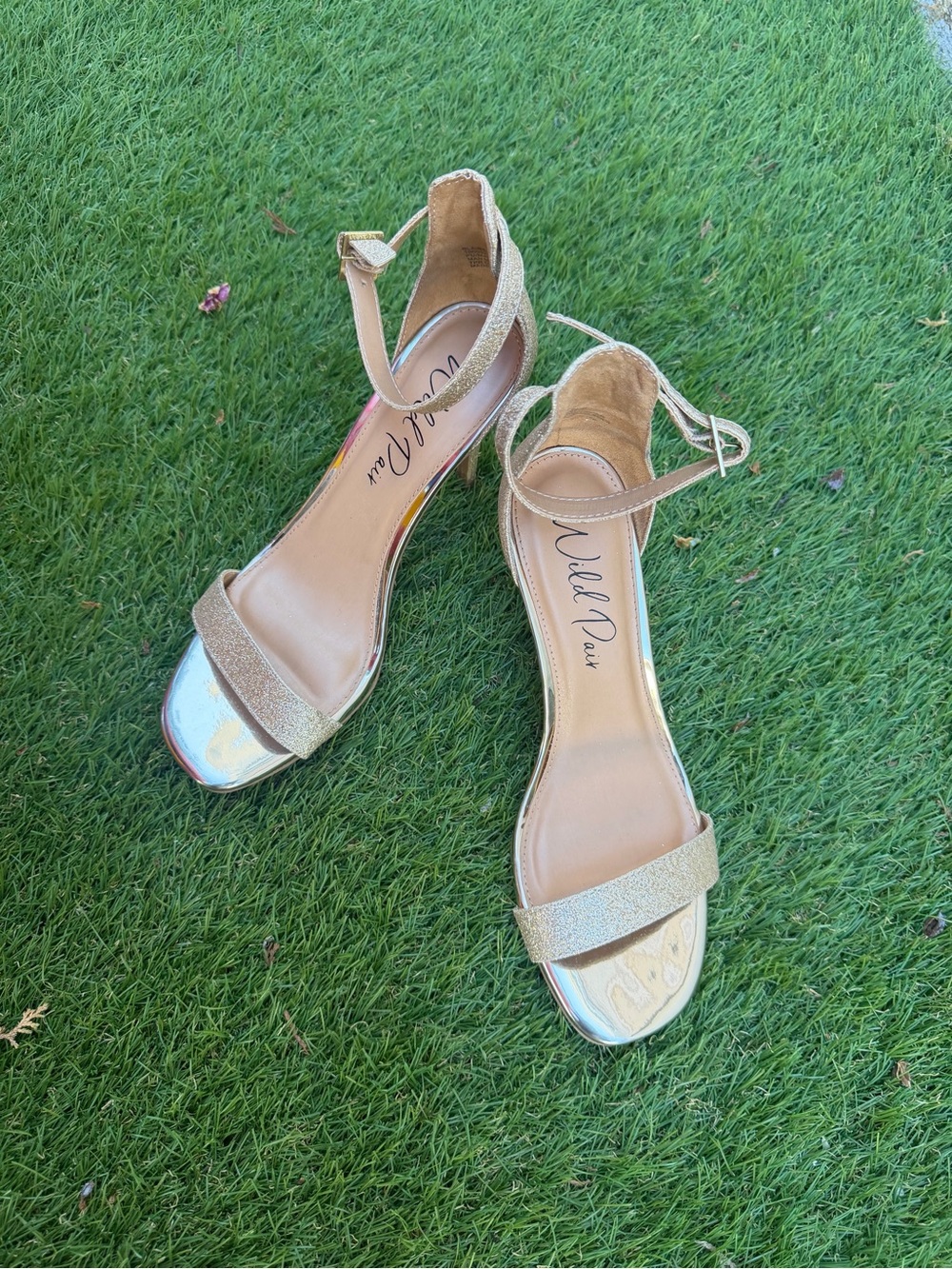 Wild Pair Gold Metallic Open-Toe Ankle Strap Heels